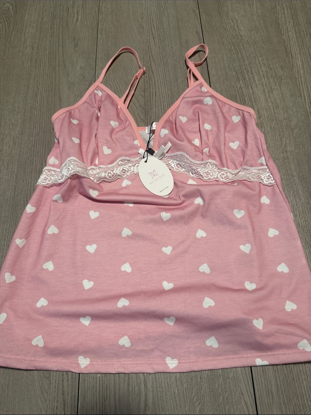 Avidlove Pink Heart-Print Lace Trim Sleep Cami - Adjustable Straps